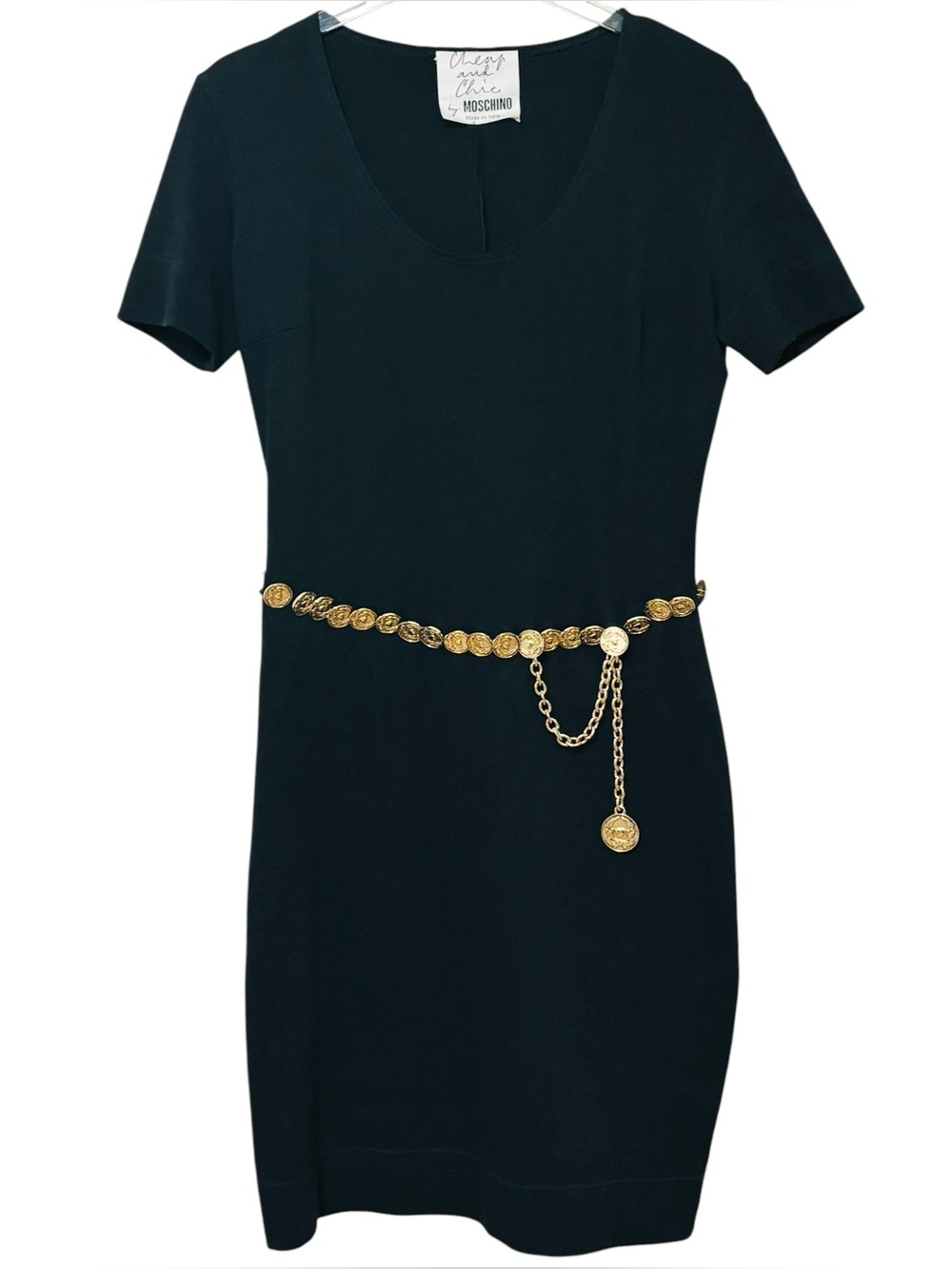 Vintage 90s Moschino Cheap & Chic Black Dress Medium Gold Coin Chain Belt Italy